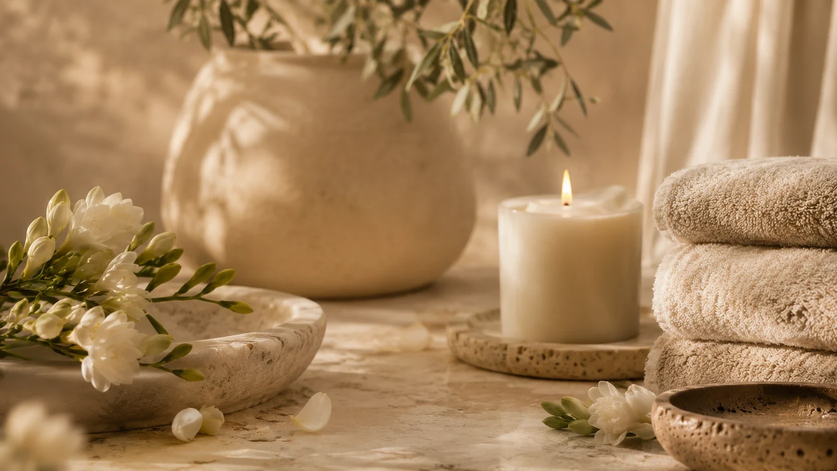 Світла домашня SPA-сцена з рушниками, каменем, свічкою та кокосом